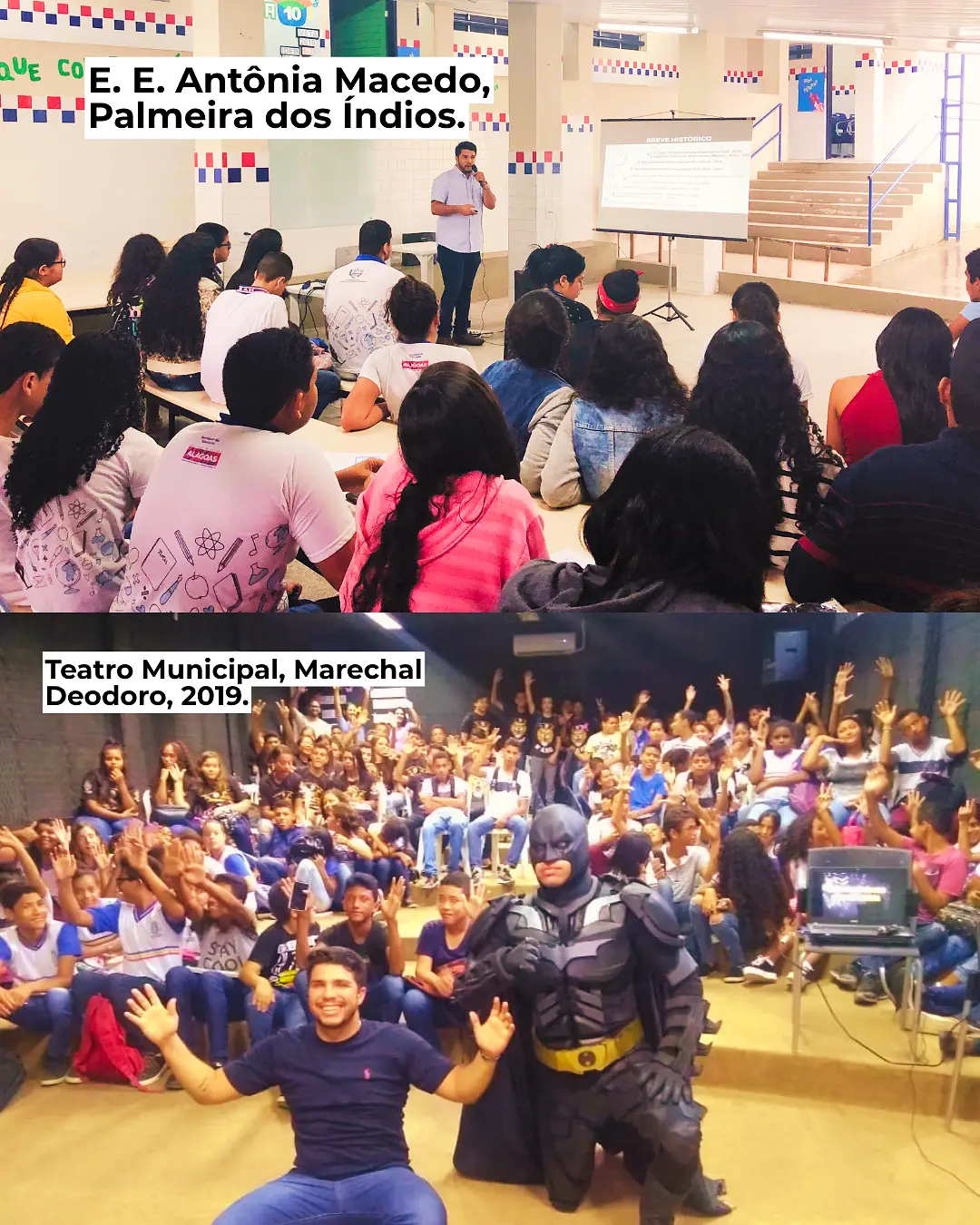 Dois registros de Eliédson palestrando para estudantes em Alagoas